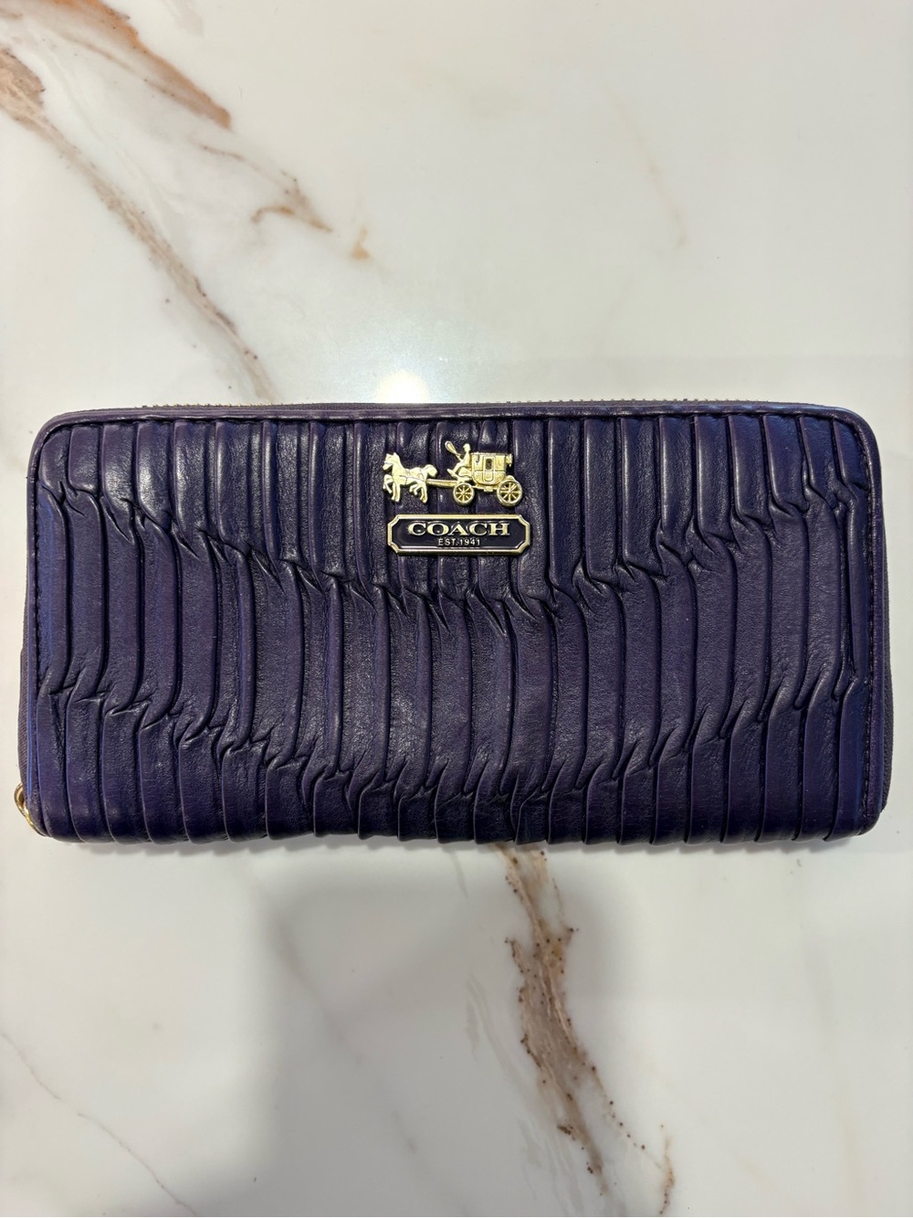 Coach Dark Purple Quilted Zip Wallet with Gold Logo